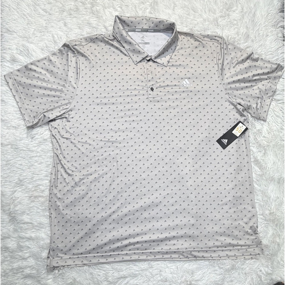 Adidas Golf Polo Shirt Mens 2XL Grey Ultimate All Over Print Wicking 50 UPF NEW